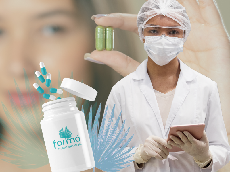 Farmacêutica analisando cápsulas e frasco da Farmö
